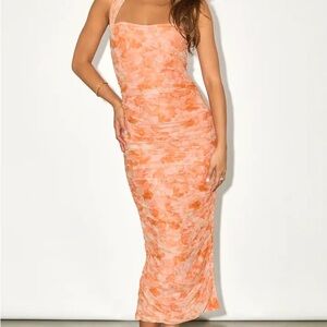 Sleeveless Orange Floral Ruched Midi Dress